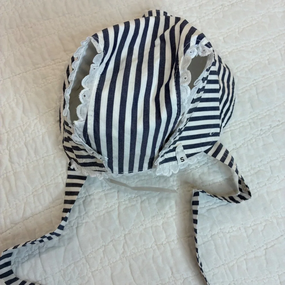The Beaufort Bonnet Co Navy White Stripe Eyelet Trim Bonnet Small Adjustable